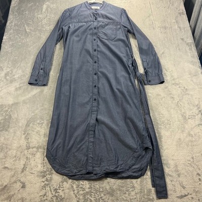 LACOSTE Shirt Dress Women 36 Blue Excellent Band Chambray Midi Belt Tie Long