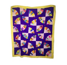 Vintage 70s Fan Tie Quilt Patchwork Polyester Cotton Lap Blanket 54 64" Purple