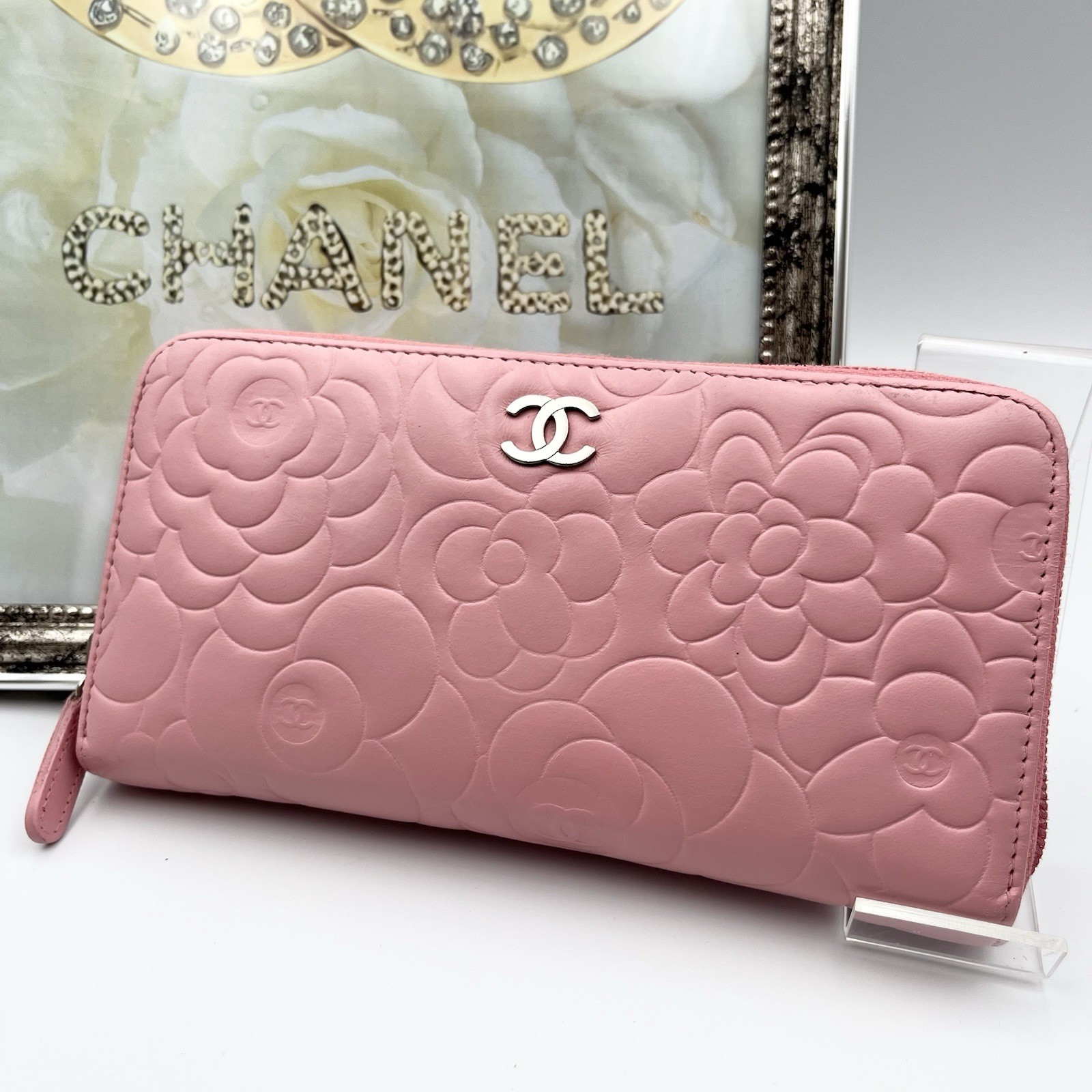 86/Authentic CHANEL Wallet CoCo Logo Pink Lambskin Long Camelia Zippy Excellent