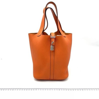 HERMES Picotin Lock 18 Taurillon Clemence Leather Hobo Bag Orange Orange