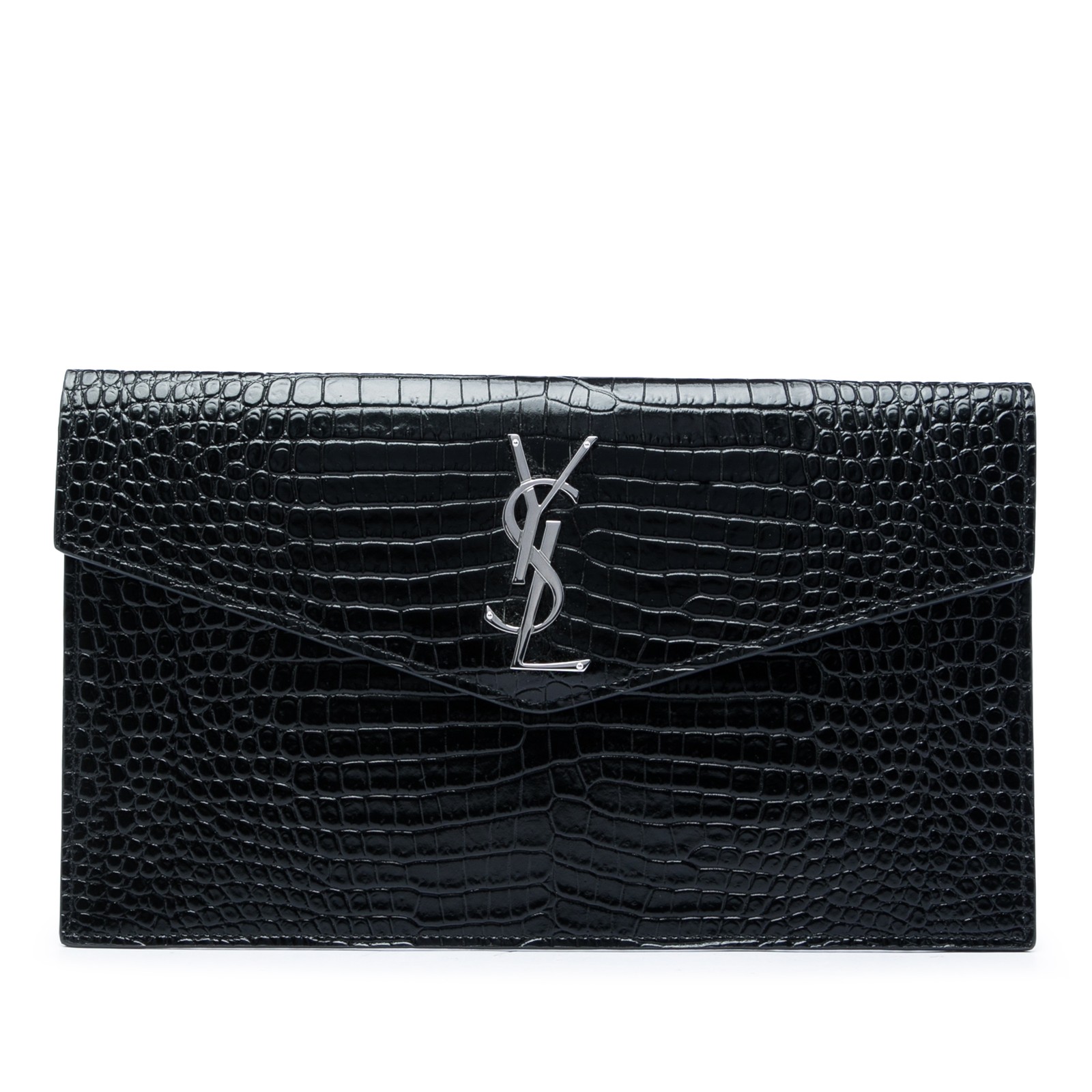 Saint Laurent Croc Embossed Leather Uptown Pouch Pre-Loved Black