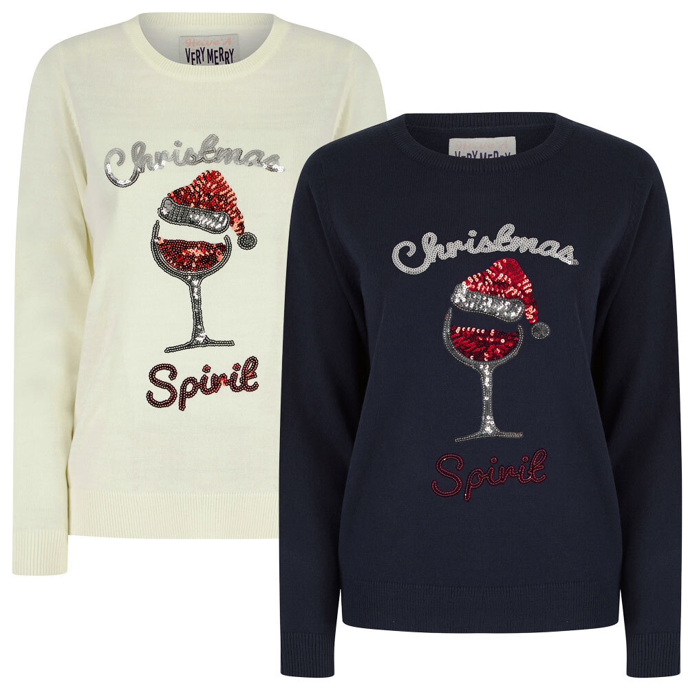Women's Novelty Christmas Jumper Knitted Sequin Wine Gin Xmas Sweater Top