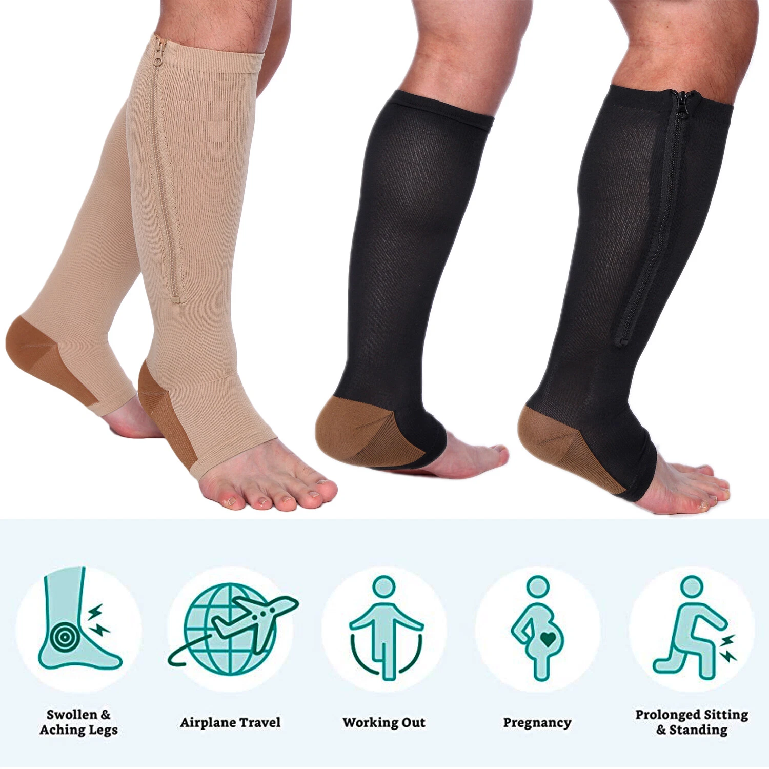 Copper Zipper Compression Socks Support Graduated Stockings Women Mens 20-30mmHg