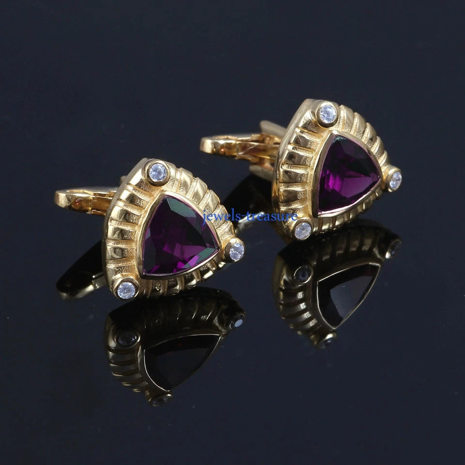 Gemelos de plata esterlina 925 chapados en oro de amatista natural y circonita cúbica para hombres #3 Foto 3 de 3