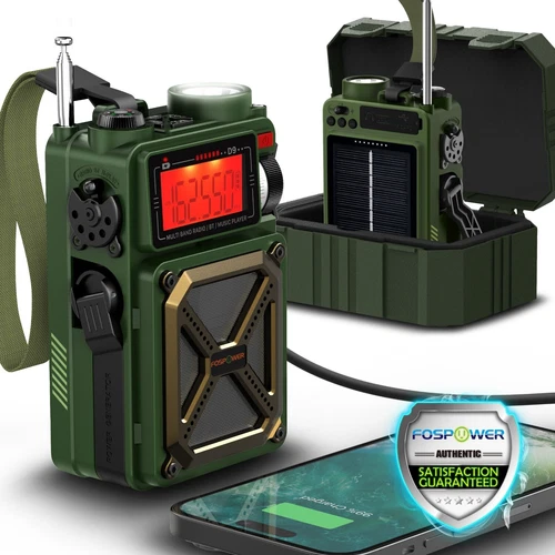 Hand Crank Weather Radio Emergency Solar IPX3 4000mAh Power Bank Charger Light