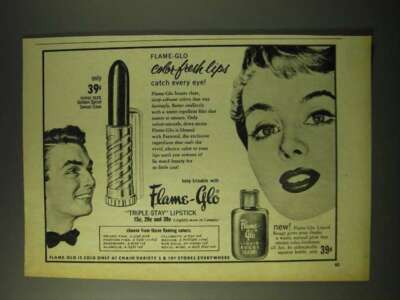 1955 Flame-Glo Triple-Stay Lipstick and Liquid Rouge Ad