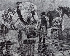 Original Scraperboard & ink, 'Cockle Pickers', Lorraine Abraham (1941-2023)
