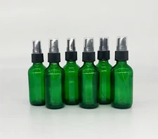 2 oz Green Boston Glass Bottles, with Black Fine Mist Sprayers (6-PACK)