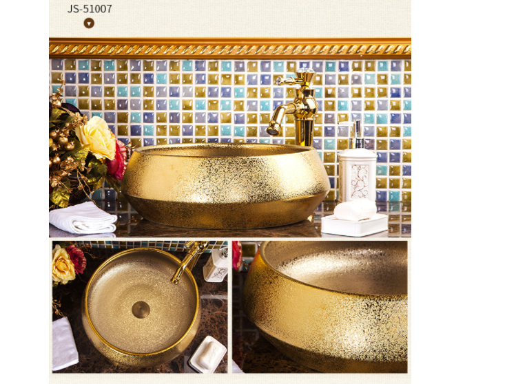 15-Inch Gold Ceramic Vessel Sink Combo – Above Counter Round Bathroom Sink With Waterfall Faucet & Pop-Up Drain – Glossy Finish – Modern Luxury Design Gold Vessel Sink