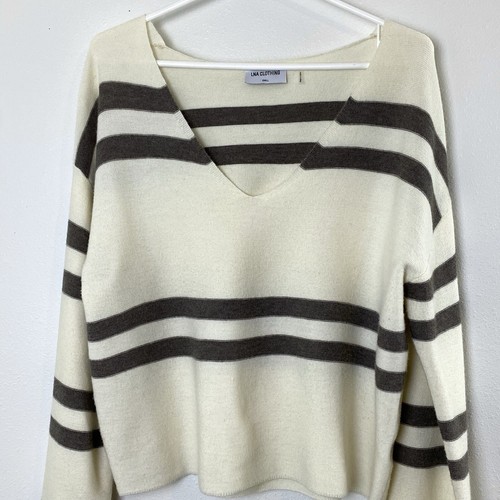 LNA Clothing Womens Striped Sweater Small Cream Taupe Cropped Long Sleeve V-Neck - Picture 2 of 12