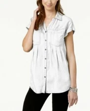 Style & Co. Women's White Pleated Short-Cuffed-Sleeve Button-Front Top