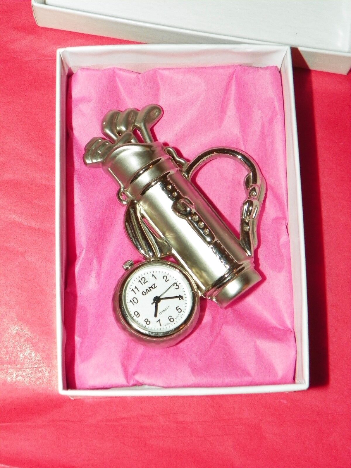 WOMENS GOLFCLUBS AND BAG SILVERTONE POCKET WATCH/GOLF WATCH, BY GANZ, AWESOME!