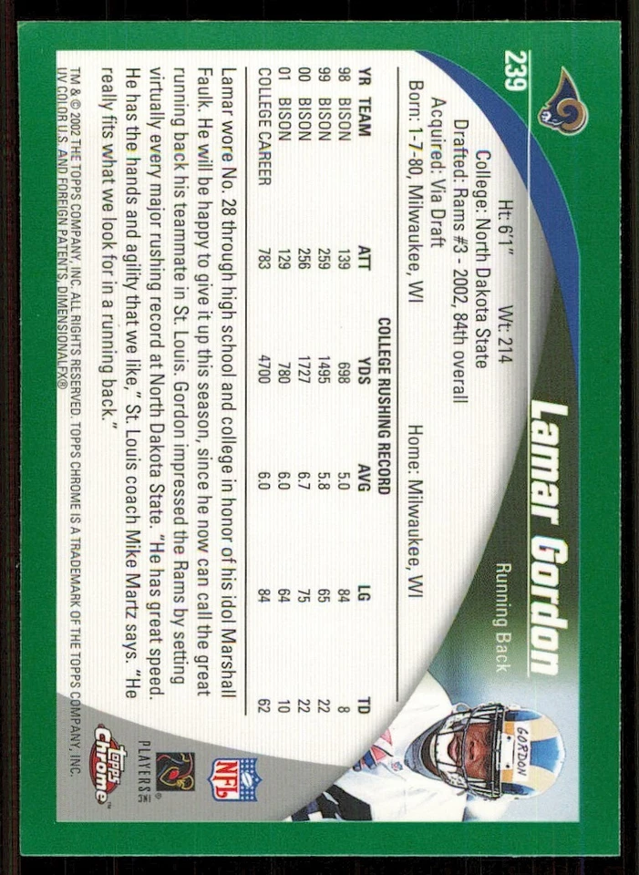 2002 Topps Chrome #239 Lamar Gordon RC - Image 2 of 2