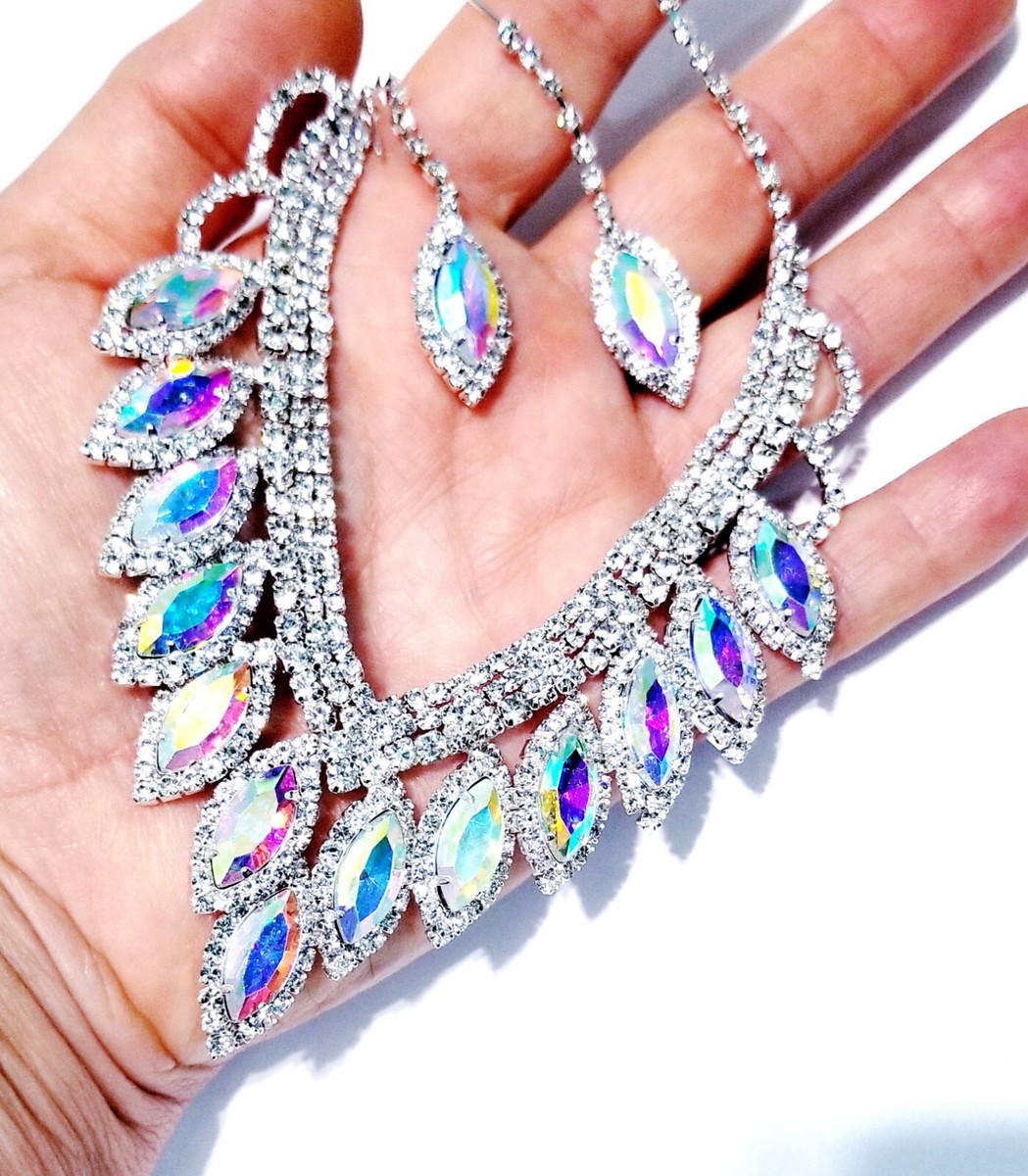 AB Crystal Choker Rhinestone Necklace Earring Set Bridal Prom Pageant