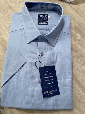 Primary Blues Men s Short Sleeve Collared Button Up Shirt Large Slim Fit NWT