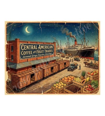 Central American Coffee and Fruit 1950s Retro Style Fruit Crate Label 10.5'' x 8''