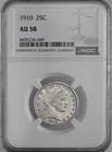 1910-P  25C  BARBER SILVER QUARTER  "PHILADELPHIA"  NGC AU58  #8405236-049