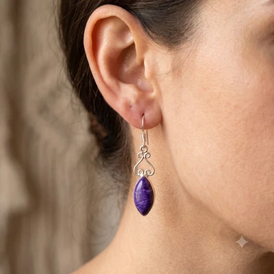Natural Purple Turquoise Unique Drop Sister Earrings Jewelry 925 Sterling Silver - Image 1 of 4