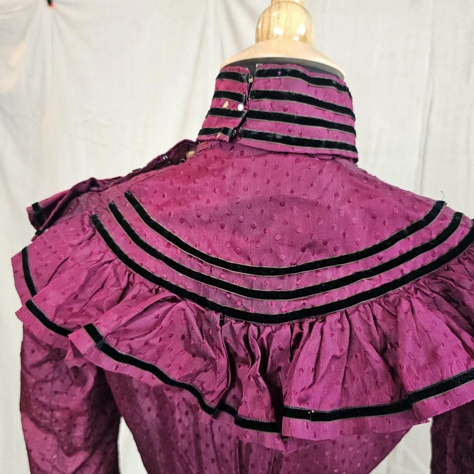 Bright Pink Red Black Velvet Trim Antique Victorian Blouse Top Shirt High Neck - Image 3 of 4