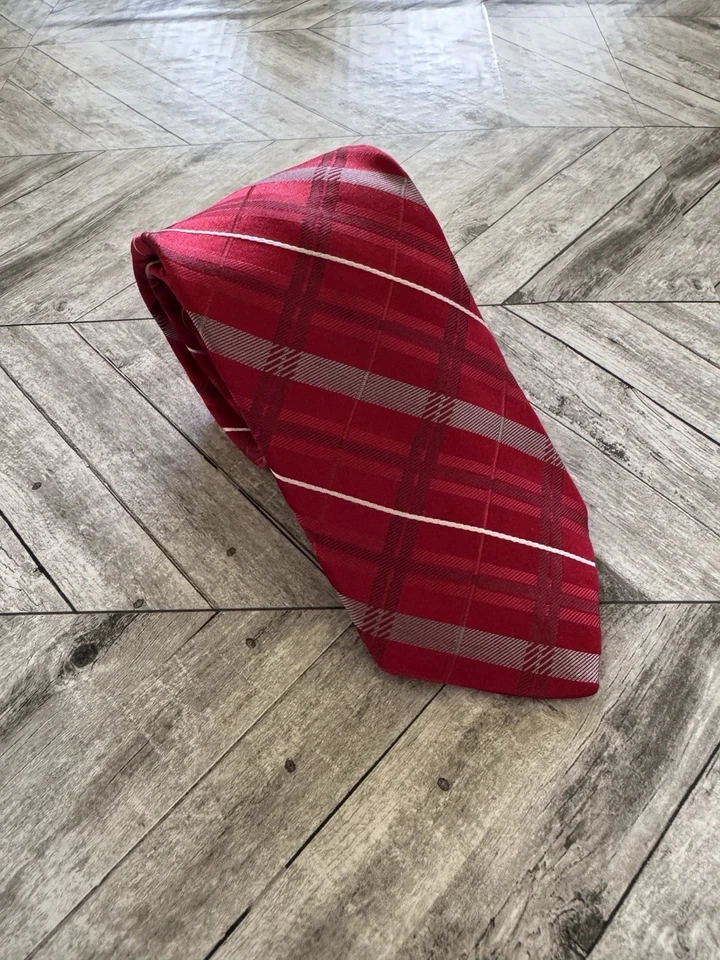 Corbata para hombre NICOLE MILLER 100 % seda de diseñador roja gris a rayas oficina usada en excelente estado Foto 2 de 4