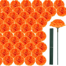 30Pcs Artificial Marigold Flower Heads  Stems, Bulk Silk Marigold Flowers for D