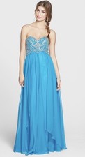 Sherri Hill Embellished Bodice Draped Chiffon sea blue long formal Gown dress 12