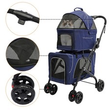 Modern Blue Double Pet Stroller, Dog Cat Carrying Cart, Foldable Pet Stroller