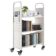 VEVOR 3-Tier Rolling Book Cart Single Sided L-Shaped Shelves Book Truck in White