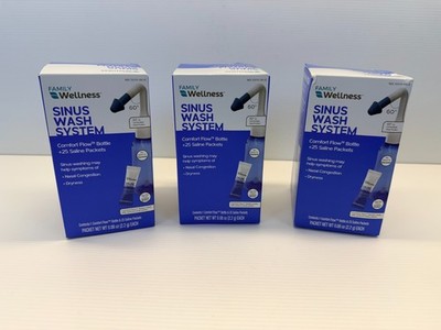 Lot of 3 FAMILY Wellness SINUS WASH SYSTEM Comfort Flow Bottle + Saline Packets