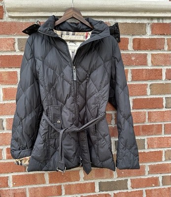 Burberry London Black Diamond Puffer Coat Jacket Hood belted Winter Medium