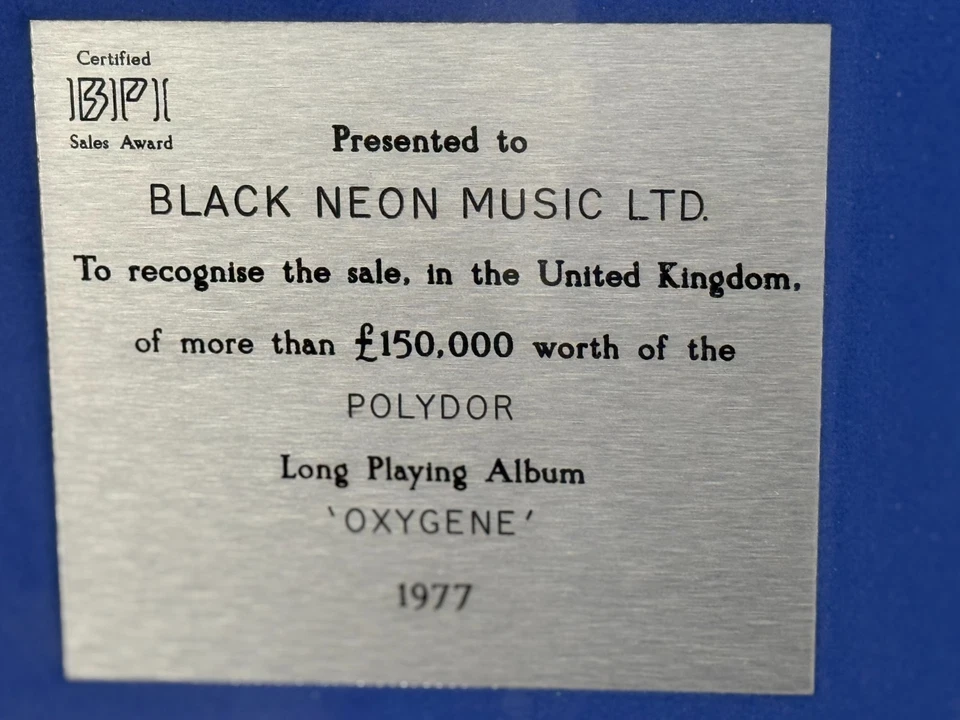Jean-Michel Jarre Oxygène BPI Silver Award 1977 Polydor Original UK Certified Aw - Image 3 of 4