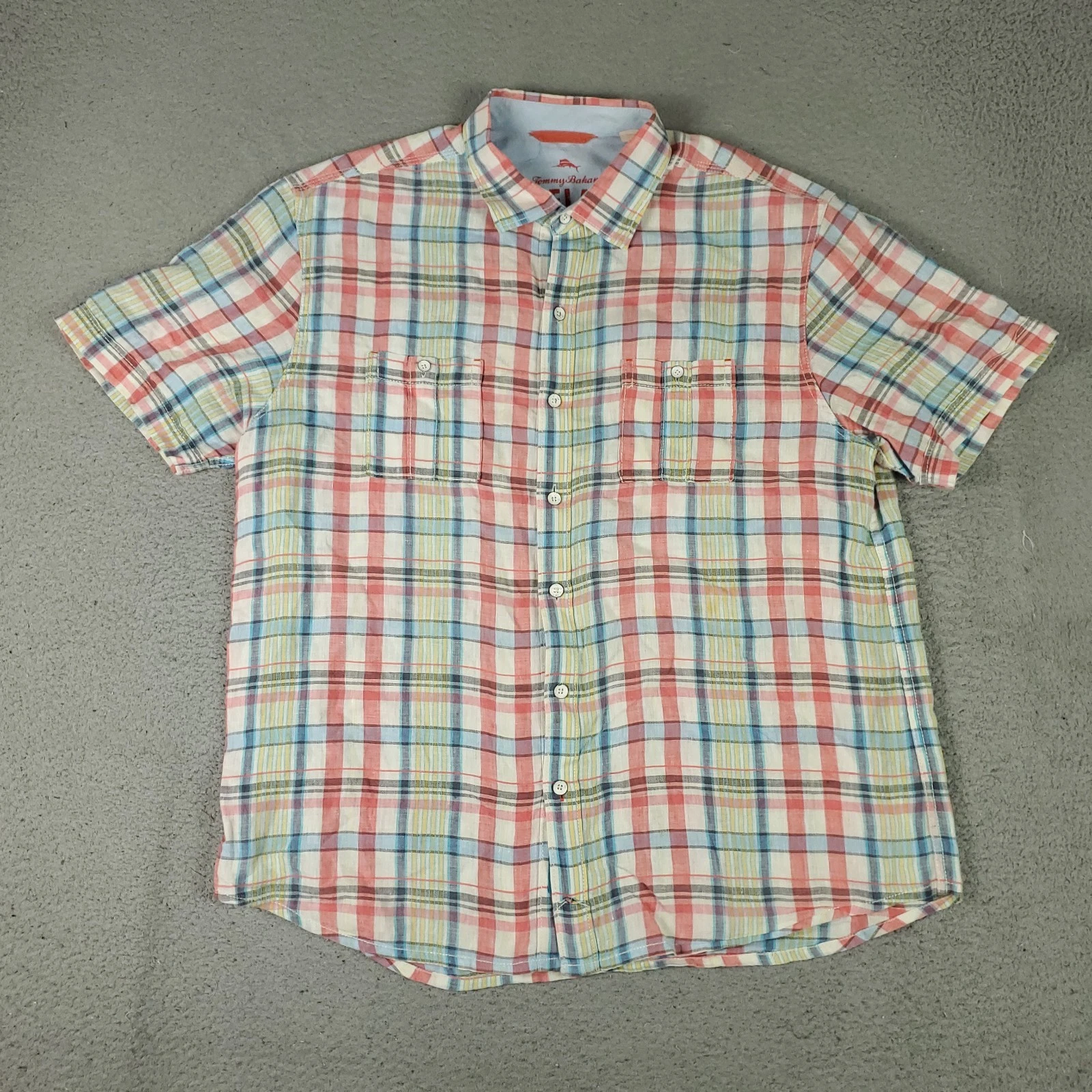 Tommy Bahama Shirt Mens Large Pink Blue Linen Plaid Hawaiian Button Up