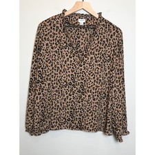J. Crew Factory XL Blouse Brown Leopard Print Ruffle Neck V-Neck Button Up Chic