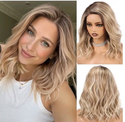 Shoulder Length Wavy Style Ombre Ash Blonde Blonde Side Parted Glueless Lace Wig