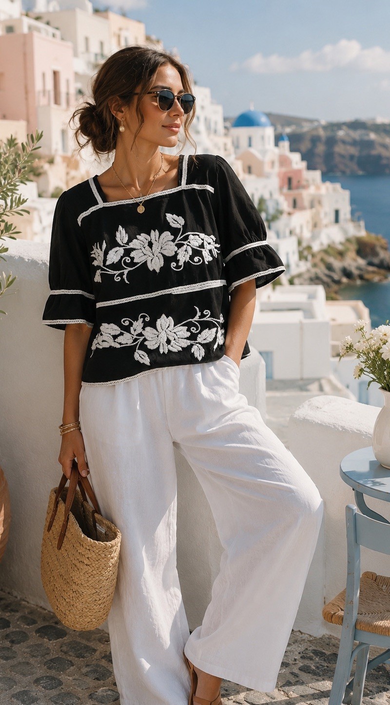Cato Collection Embroidered Floral Top Women’s L Black White Boho Peasant Blouse