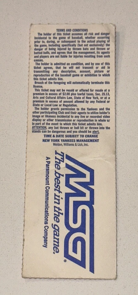 Athletics Yankees MLB Ticket Stub Matt Nokes HR Bruce Walton Debut 1991 Season - Image 2 of 2