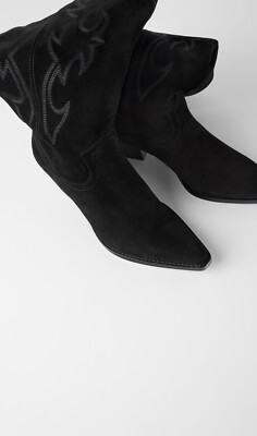 Zara Black Embroidered Suede Leather Knee High Cowboy Boots Zara Black Embroidered Suede Leather Knee High Cowboy Boots