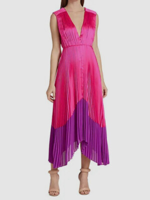$598 Amur Women's Pink Pleated Asymmetric Contrast Amelia A-Line Dress Size 12