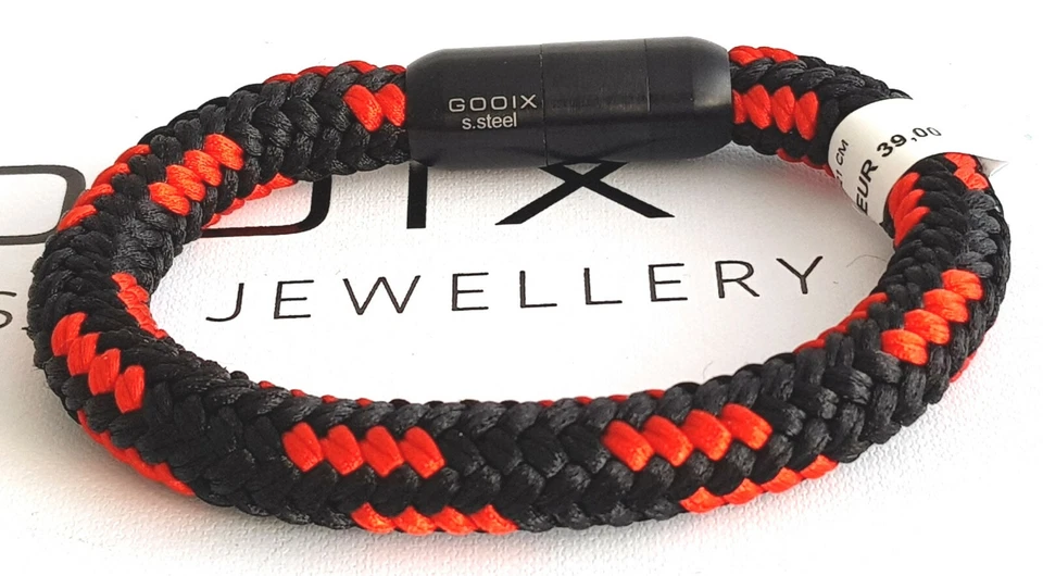 GOOIX Herren Edelstahl Magnet Armband Leder Nylon schwarz rot 21 cm NEU 43