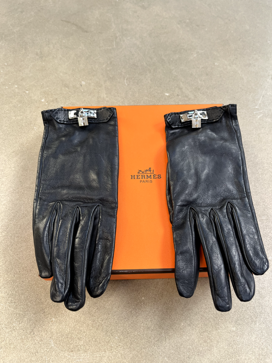 Hermes Black Leather Soya Gloves with Kelly Buckle and Silk