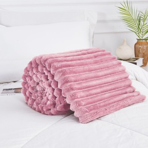 Chunky Ribbed Mink Fleece Throw Blanket Soft Velvet Faux Fur Warm Sofa Bed Decor - Picture 122 of 131