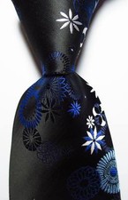 Classic Floral Jacquard Silk Tie for Men Black Blue and White Woven Necktie