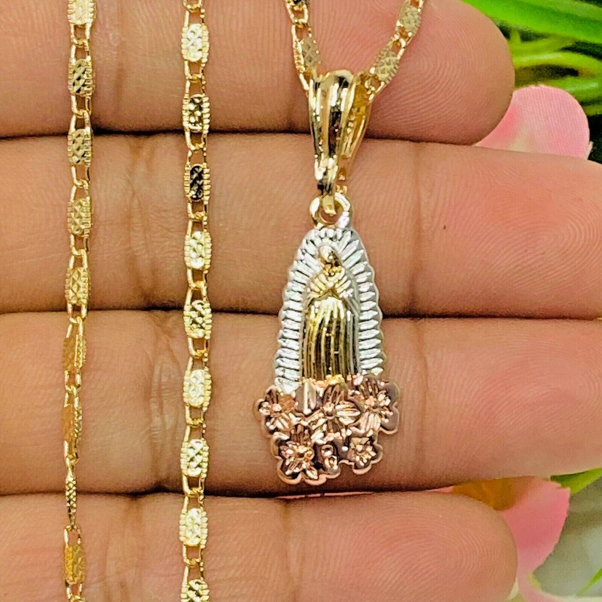 14K Gold Plated Our Lady Of Guadalupe Pendant Necklace Tri 14K Gold Plated Our Lady Of Guadalupe Pendant Necklace Tri