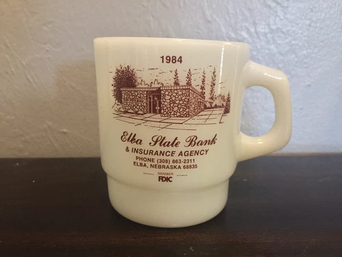Vintage Elba State Bank Nebraska Milk Glass Coffee Mug 1984 Advertising
