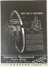 1943 American Hammered Piston Rings Boat Fire at Baltimore B&W Vintage Print Ad