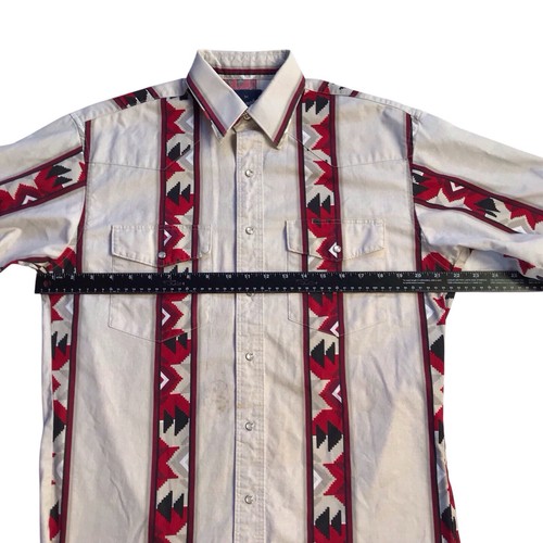 Vintage Wrangler Pearl Snap Shirt Mens M White Red Southwest 90s Western Aztec - Picture 8 of 13