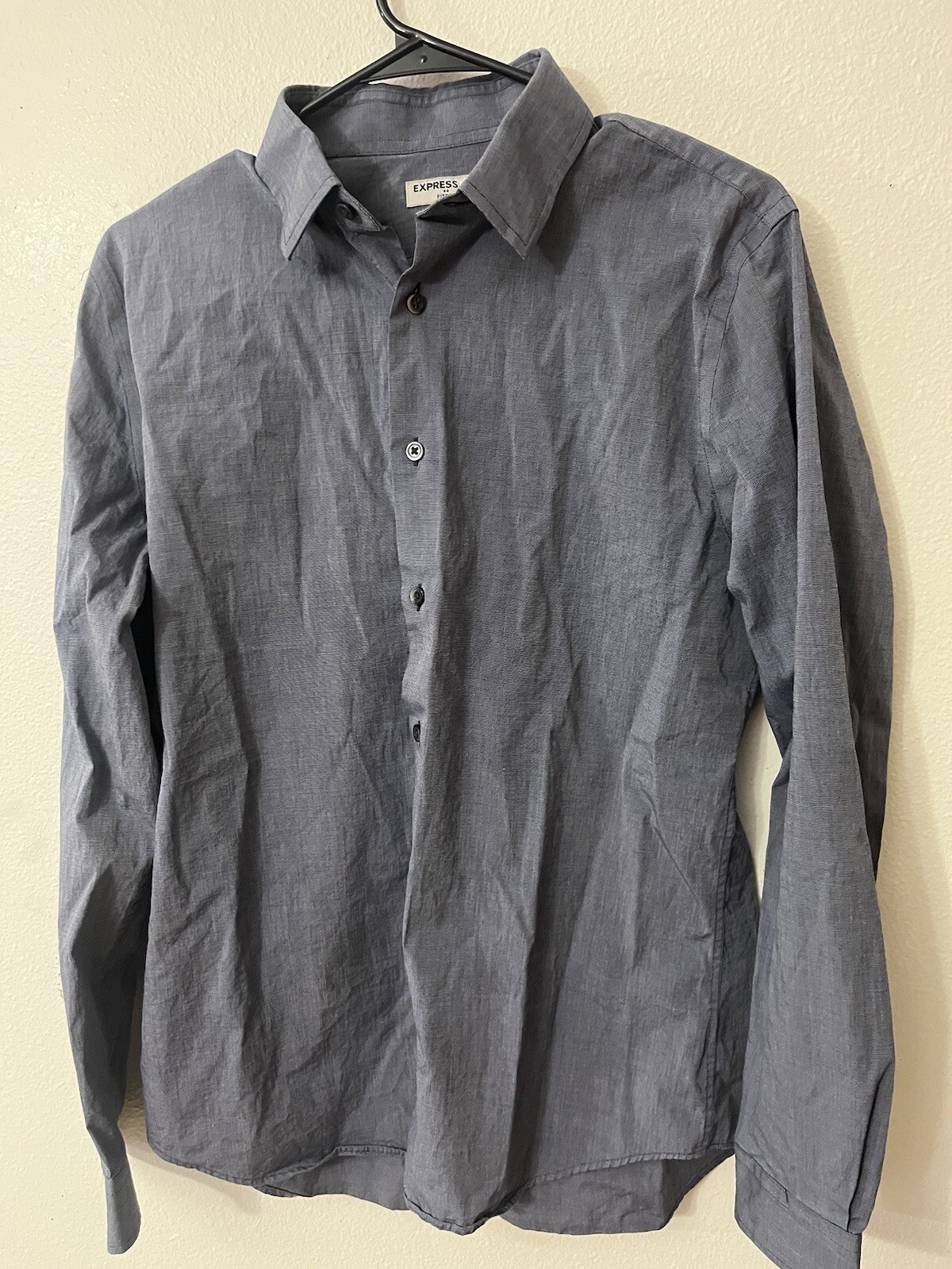 Express 1MX Fitted Solid Button Shirt Blue Solid … - image 1