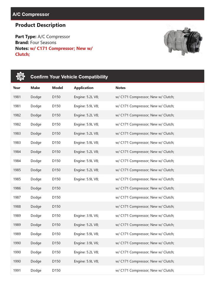 Compresor de aire acondicionado para Dodge D150 1981-1991 4 estaciones 1982 1983 1984 1985 1986 1987 Foto 2 de 4