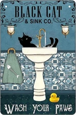 Funny Bathroom Retro Tin Metal Signs -Black Cat Wash Your Paws - Vintage Aluminu