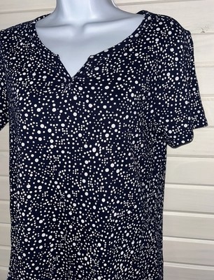 by Chico's Sz 1 (MEDIUM) Blue White Dappled Dots Split Neck 100% Cotton Tee EUC